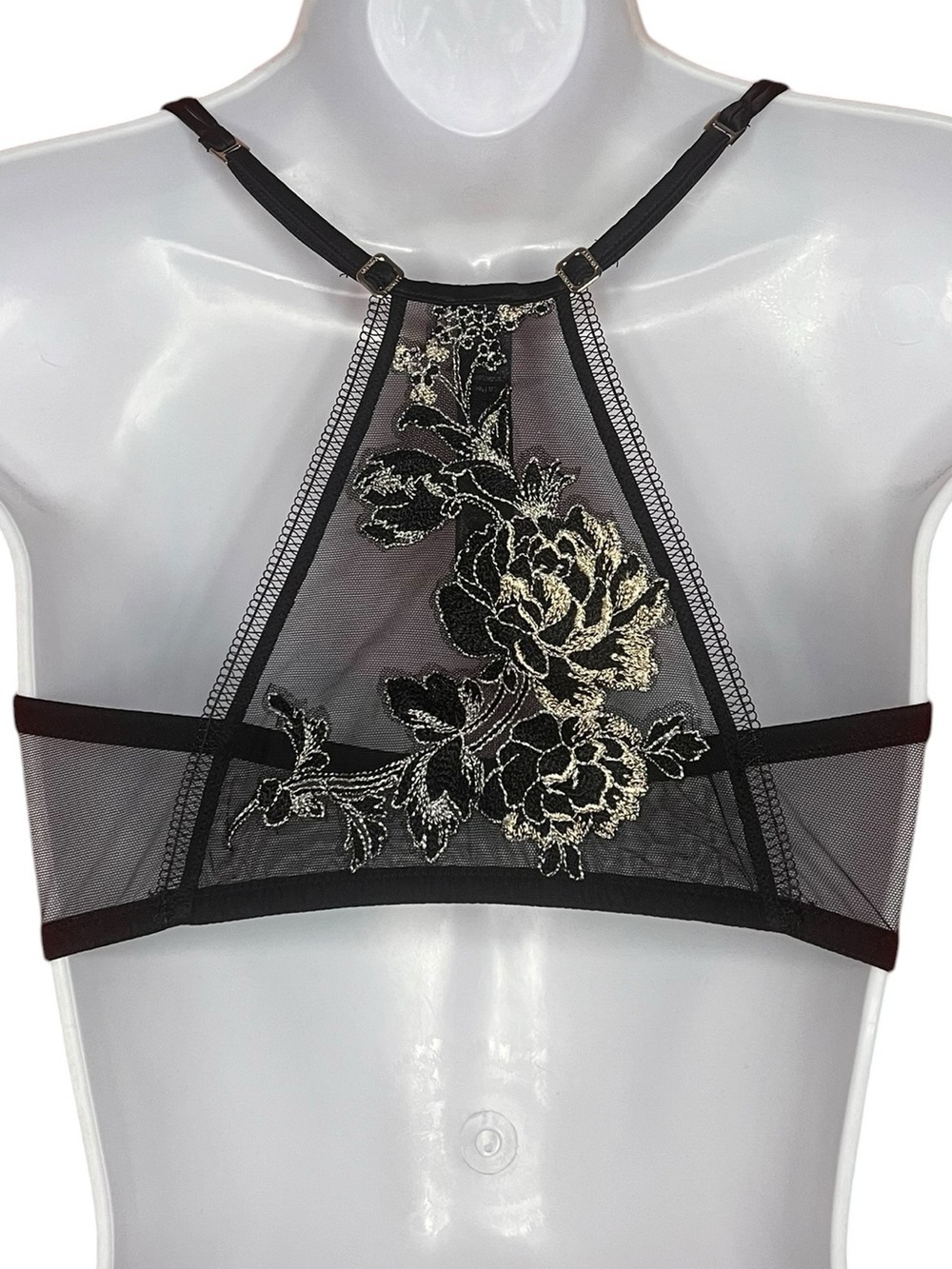 La Perla Black Sheer Lace Balconette Bra with Gold Embroidery